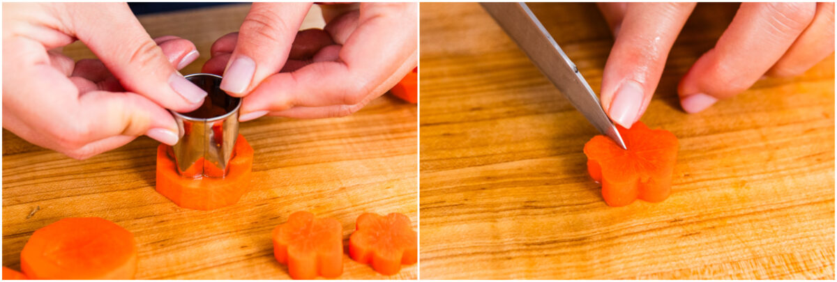  On the left, hands use a flower-shaped cutter on a carrot slice. On the right, a hand uses a knife to carve detailed lines on a flower-shaped carrot slice, all on a wooden cutting board.