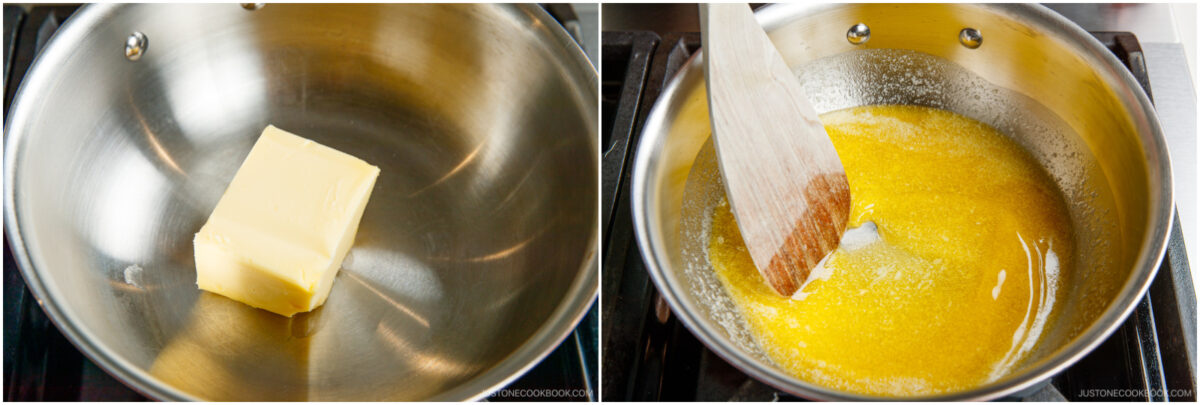  on the left, a block of butter in a stainless steel pan; on the right, the butter is melting and being stirred with a wooden spatula.