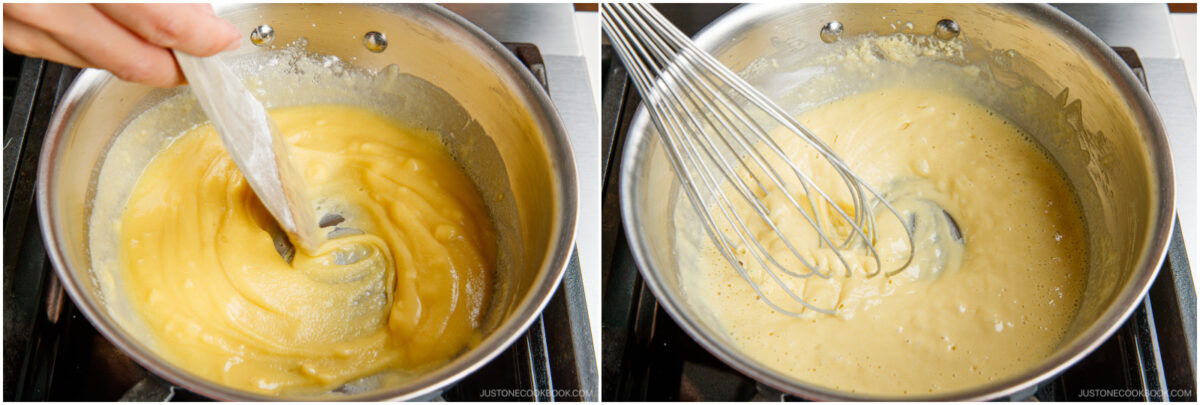  On the left, a hand stirs a thick yellow roux in a pot with a wooden spatula; on the right, a whisk mixes the smoother roux in the same pot as it cooks on the stove.