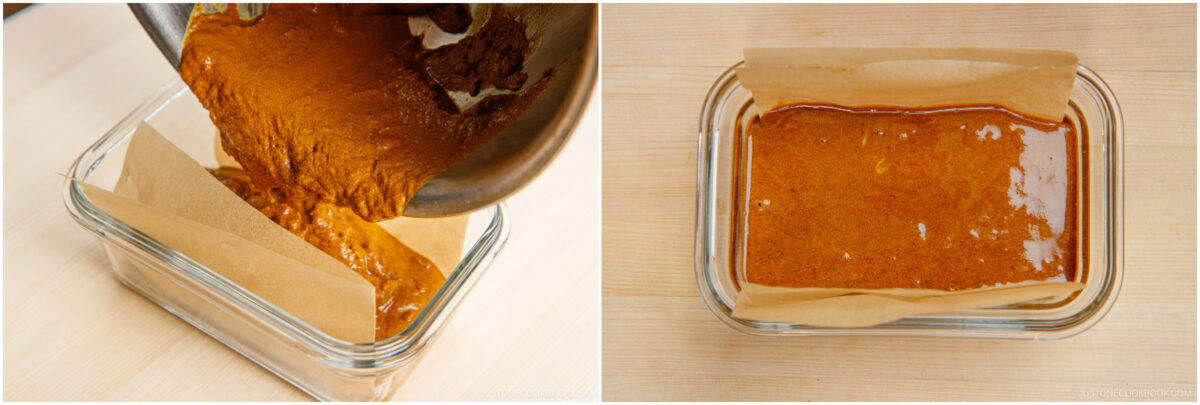  On the left, a thick brown mixture is being poured into a parchment-lined glass dish. On the right, the mixture sits smoothly spread in the dish, ready to set.