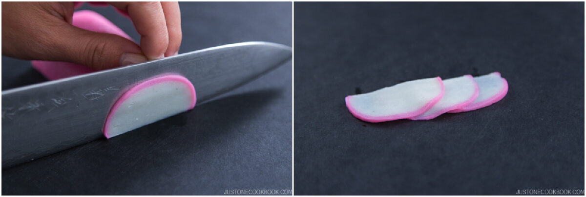 A hand slices a pink-edged radish with a knife on the left; on the right, three thin radish slices are laid out on a dark surface.