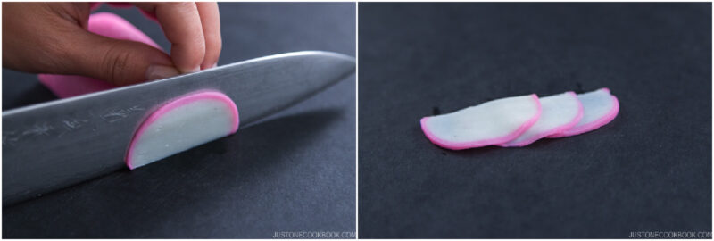 A hand slices a pink-edged radish with a knife on the left; on the right, three thin radish slices are laid out on a dark surface.