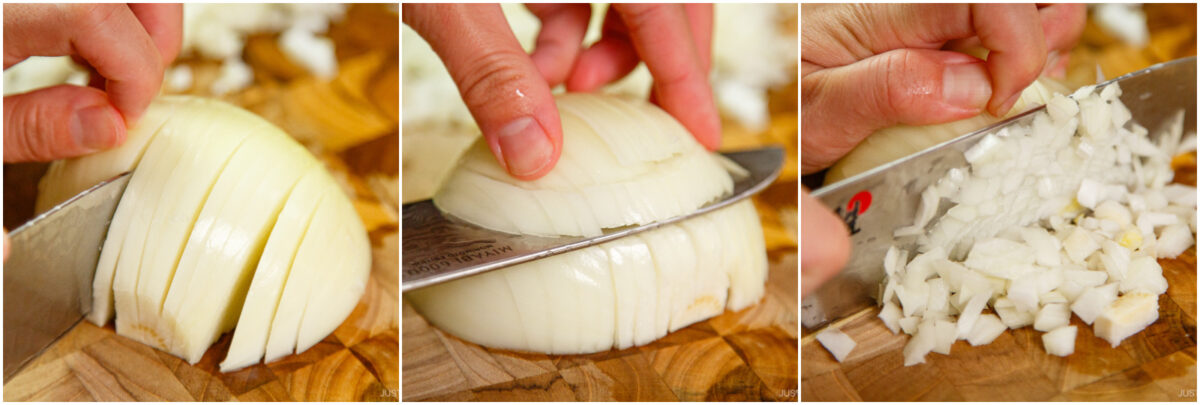  first slicing the onion, then dicing it with a knife, and finally gathering finely chopped onion pieces on a cutting board.