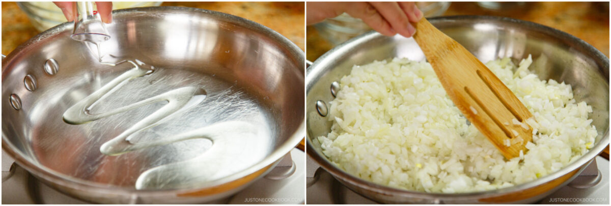  Left, oil being poured into a stainless steel pan. Right, diced onions being stirred in the pan with a wooden spatula.