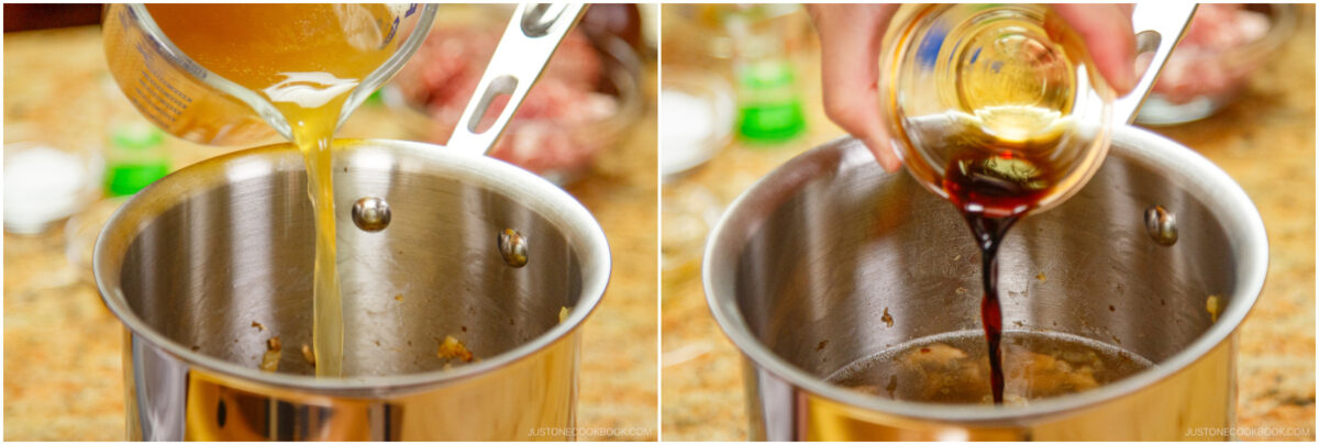  Left—golden broth being poured from a measuring cup into a pot; right—a hand pours dark soy sauce from a small bowl into the same pot on a kitchen counter.
