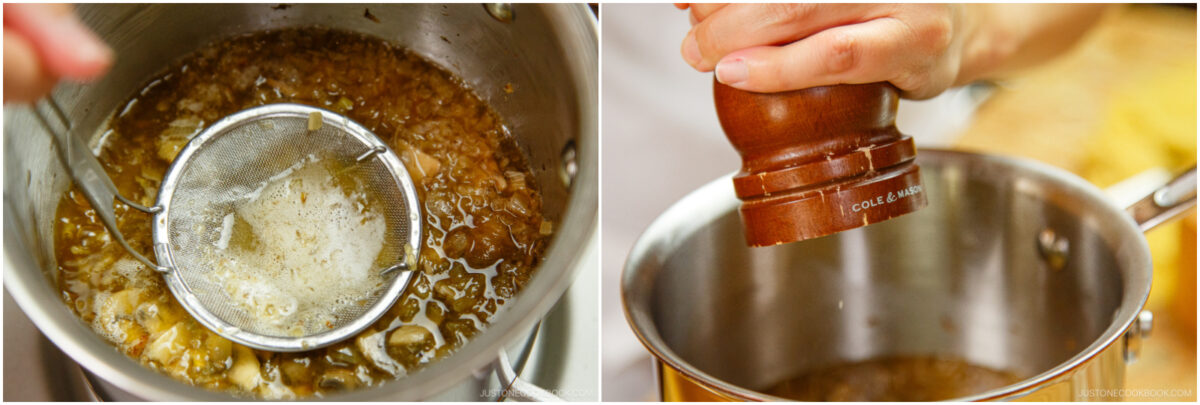  A hand grinds pepper from a wooden mill over another pot on a stove.