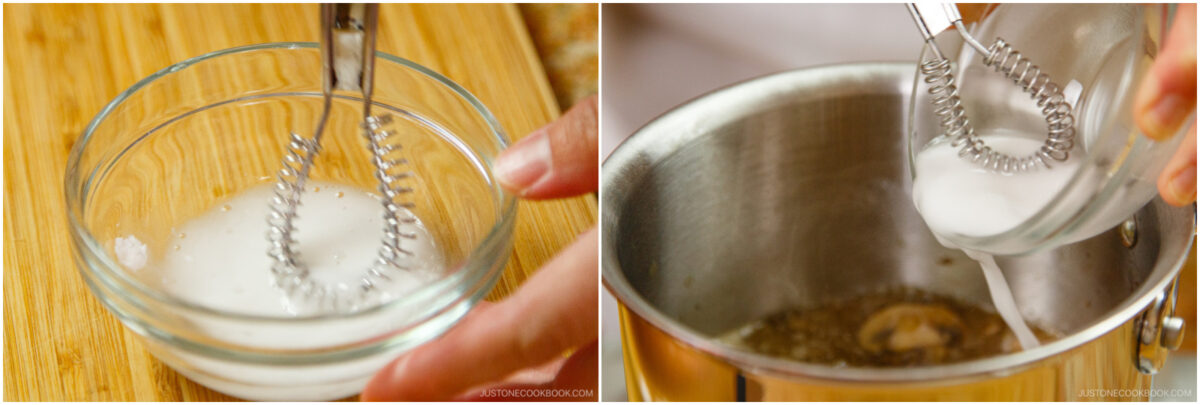  The liquid is poured from the bowl into a saucepan with other ingredients.