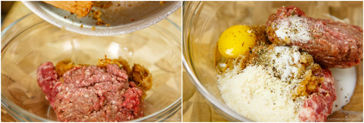  on the left, ground beef and sautéed onions are added to a bowl; on the right, ground beef is topped with an egg, grated cheese, spices, and breadcrumbs in a glass bowl.