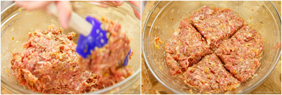  on the left, a hand uses a blue spatula to mix ground meat in a bowl; on the right, the mixed meat is divided into four sections inside the same bowl.