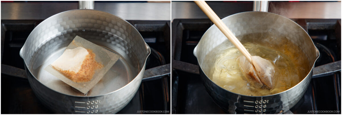  Left, a soup base packet is boiling in water in a pot on a stove. Right, a wooden spoon stirs the simmering broth in the pot as the packet infuses the liquid.