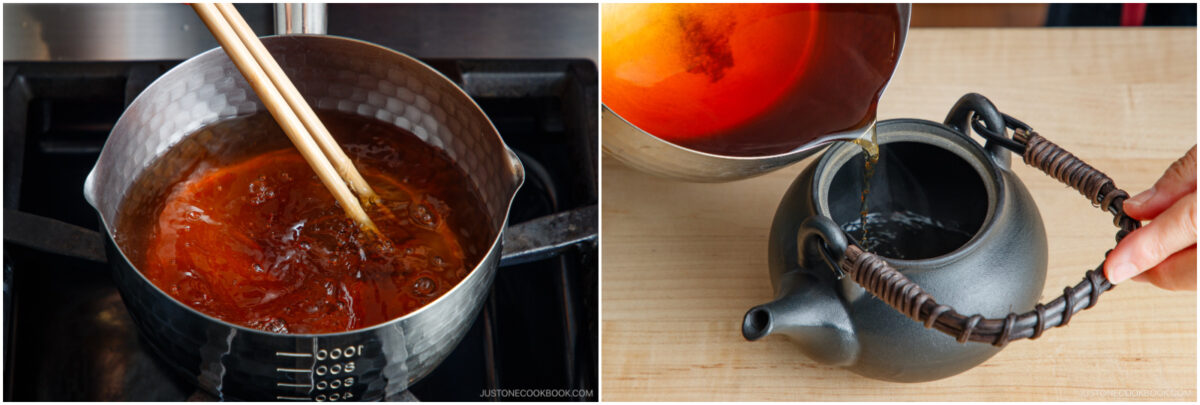  the left shows tea being stirred in a pot on a stove with chopsticks; the right shows tea being poured from a pot into a black teapot on a wooden surface.