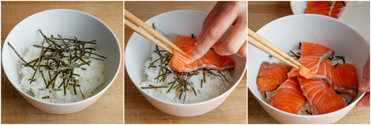  a bowl of rice with shredded seaweed; chopsticks placing raw salmon slices on rice; and several salmon slices arranged on top of the rice in the bowl.