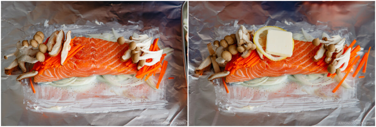 Two side-by-side images show uncooked salmon fillets on foil with onions, mushrooms, and julienned carrots; the right image adds a lemon slice and a pat of butter on top of the salmon.