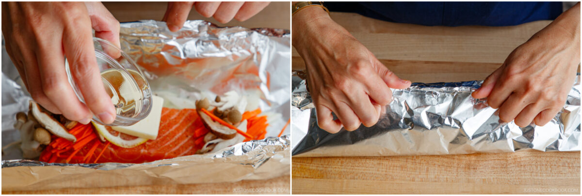 A person prepares foil-baked salmon with vegetables, pouring liquid over the fish in one image and folding the foil to seal the packet in the other, all on a wooden surface.