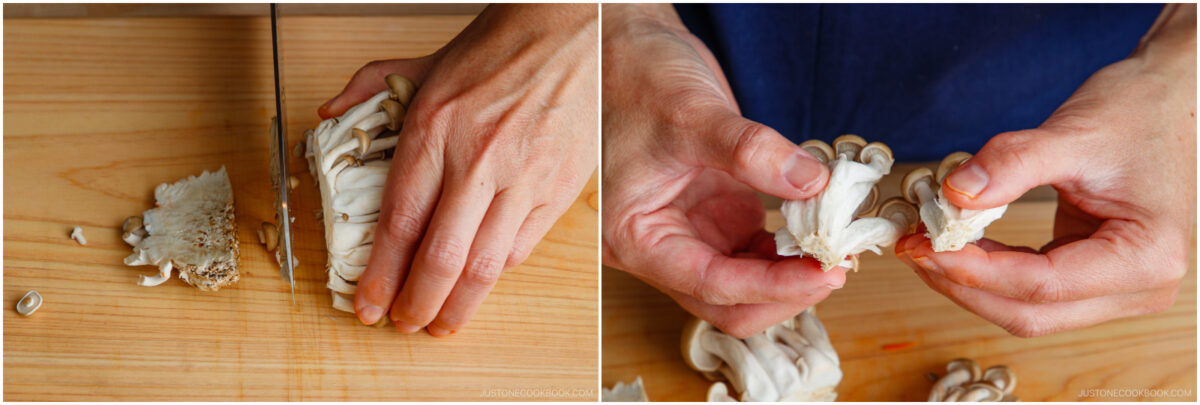 Two images side by side: on the left, hands use a knife to slice the base off a cluster of mushrooms; on the right, hands separate the mushrooms into smaller pieces over a wooden surface.