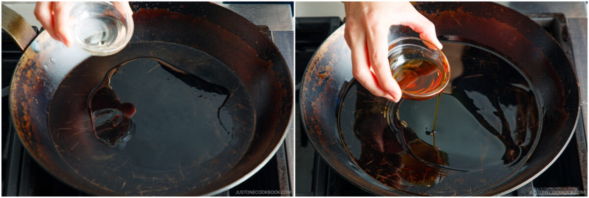 On the left, a hand pours a clear liquid into a skillet. On the right, a hand pours a brown liquid into the same skillet. Both liquids are being added on a stovetop.