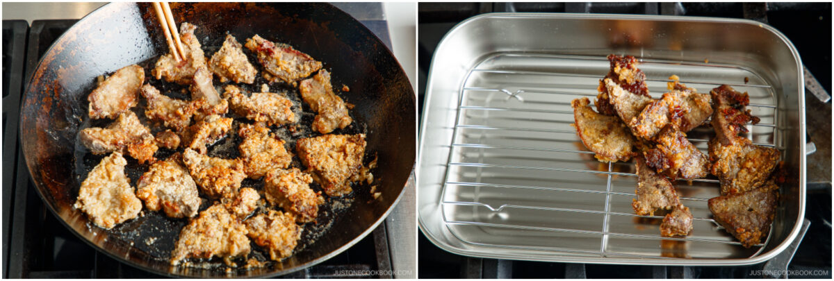  Left, sliced pieces of meat frying in a pan, being stirred with chopsticks. Right, cooked meat pieces resting on a wire rack over a tray, cooling after frying.