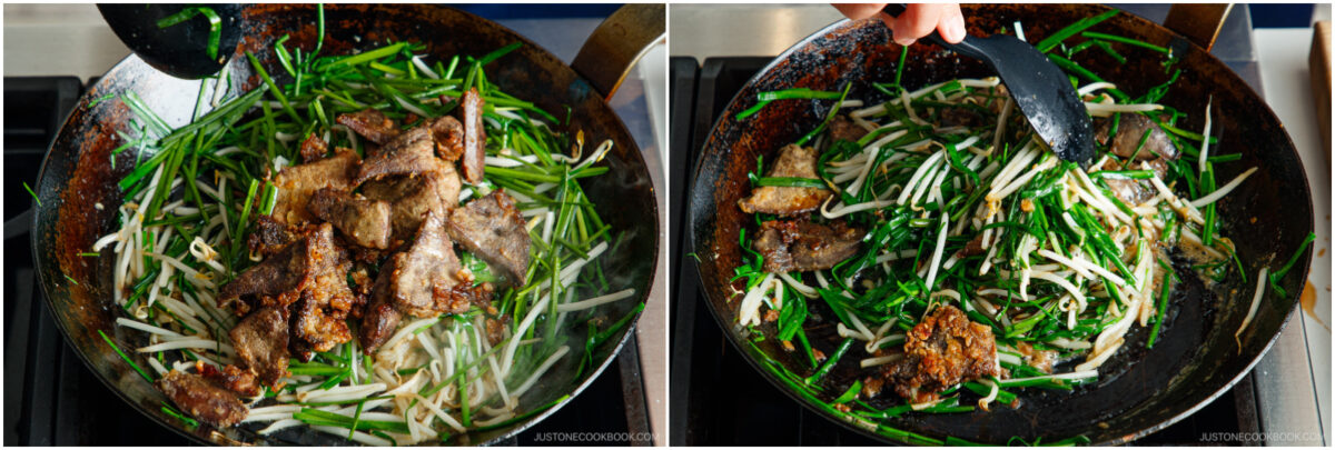  cooked slices of meat, bean sprouts, and green vegetables are being mixed and cooked with a spatula.