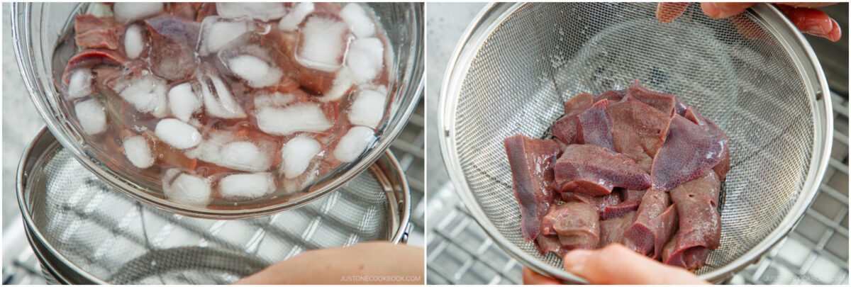 Two-panel image showing sliced raw liver in a bowl of ice water on the left, and on the right, the drained liver pieces in a metal strainer over a sink.