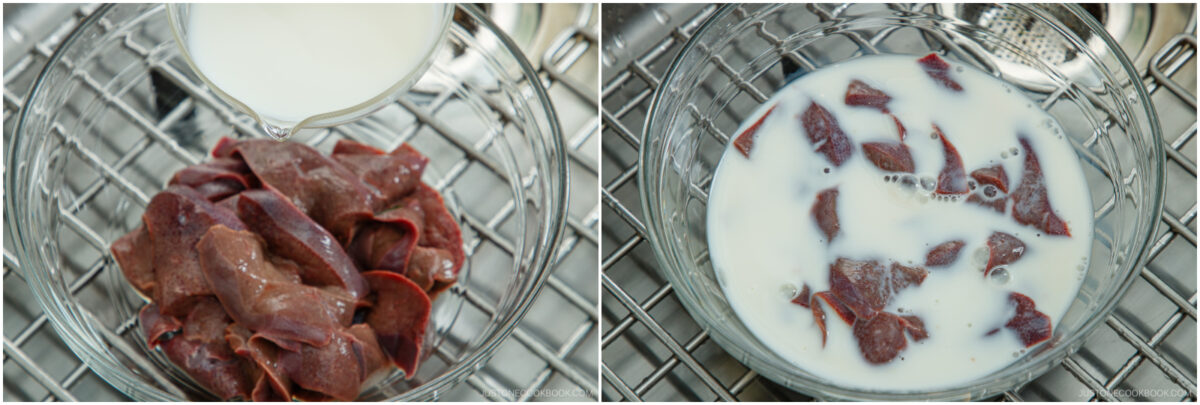  on the left, milk is being poured over raw liver slices in a glass bowl; on the right, the liver slices are soaking in the milk. Both bowls are on a metal rack.
