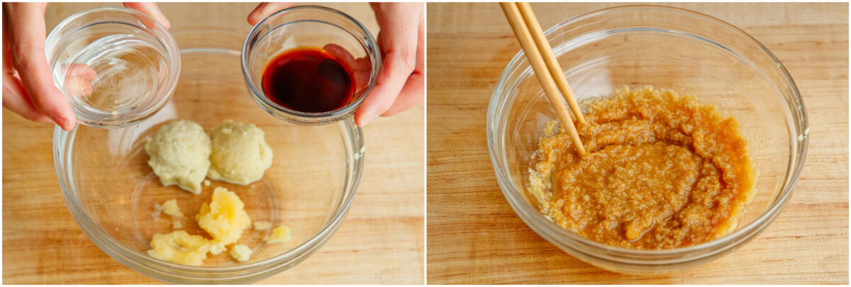  left, hands hold bowls of clear liquid and dark sauce over bowls of grated ginger, garlic, and onion; right, ingredients mixed into a golden paste in a glass bowl with chopsticks.