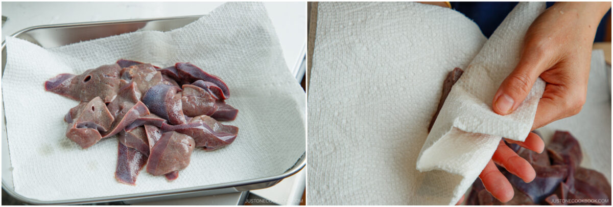  On the left, raw liver slices are placed on a paper towel in a metal tray. On the right, a hand gently pats liver slices dry with a folded paper towel.