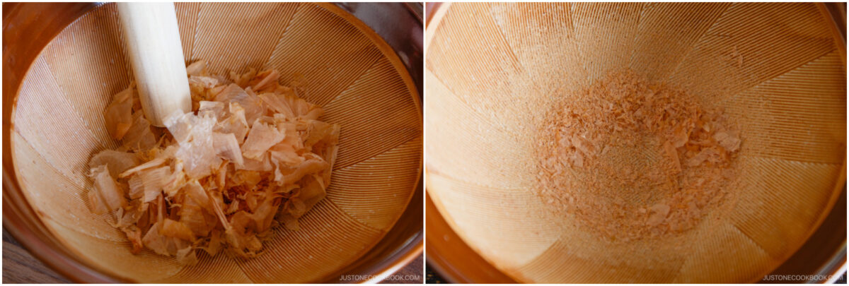  the left shows whole bonito flakes in a grinding bowl with a pestle; the right shows the bonito flakes ground into a fine powder in the same bowl.