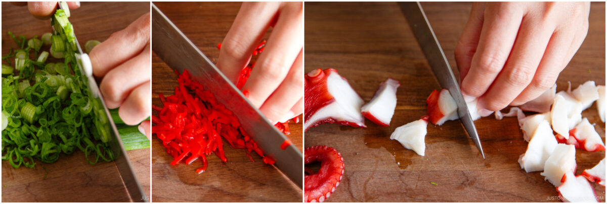  left, a hand slices green onions; center, a hand finely chops red chili; right, a hand cuts pieces of octopus on a wooden cutting board.