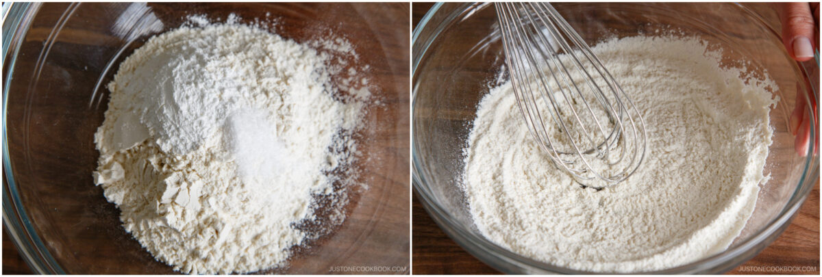 Two side-by-side images show a glass bowl with flour and sugar on the left, and on the right, a hand whisking the dry ingredients together in the same bowl.