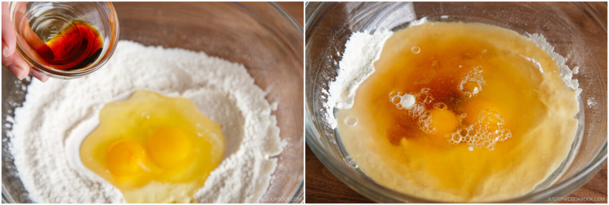  on the left, a hand pours vanilla extract into a bowl with flour and two eggs; on the right, the same bowl shows eggs and vanilla mixed with other wet ingredients.