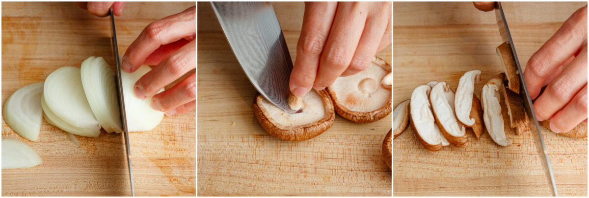 Three images show close-up hands slicing vegetables on a wooden cutting board: first, slicing an onion; second, slicing a mushroom; third, slicing another mushroom.