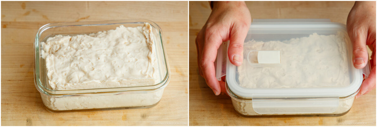 A rectangular glass container filled with tofu on a wooden surface; the second image shows hands placing a plastic lid on the container.