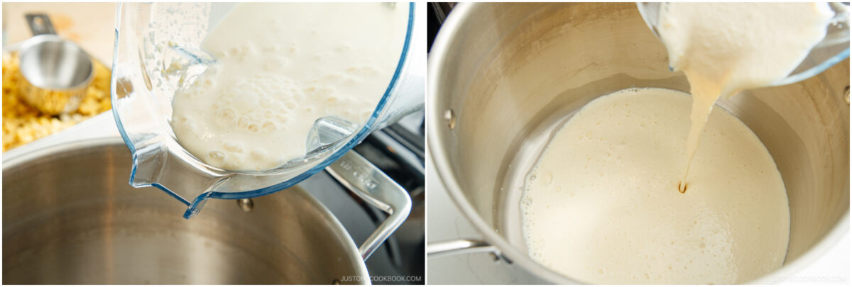 Two images showing a thick, creamy liquid being poured from a blender into a large metal pot, with chopped ingredients and a measuring cup visible in the background.