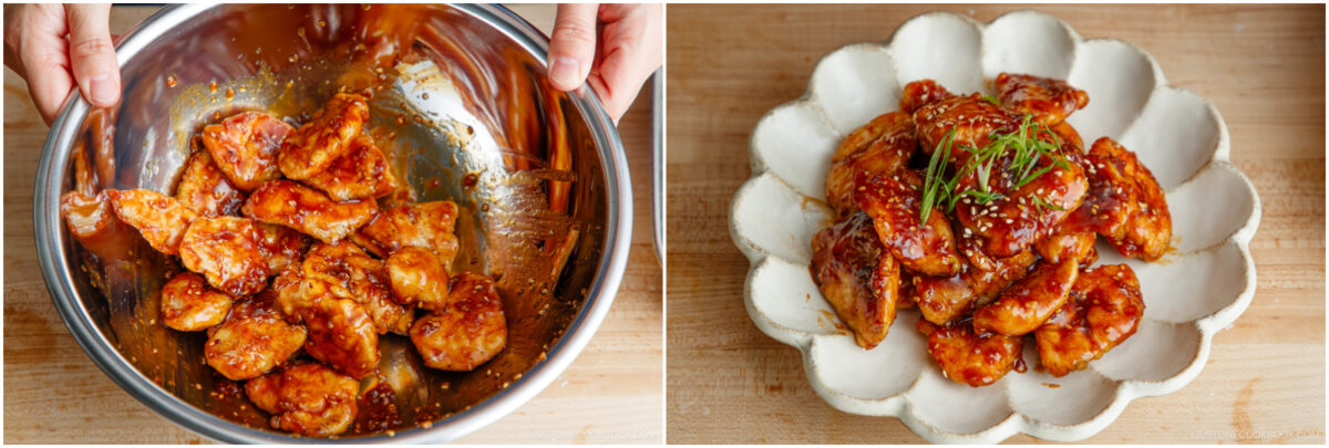 A split image shows marinated chicken in a mixing bowl on the left and the cooked, sauced chicken garnished with green onions and sesame seeds on a white plate on the right.