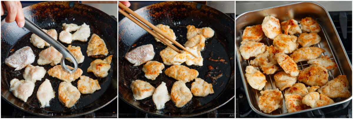 Three side-by-side images show chicken pieces being pan-fried in a skillet: turning with tongs, turning with chopsticks, and finished golden-brown pieces resting on a rack in a baking pan.