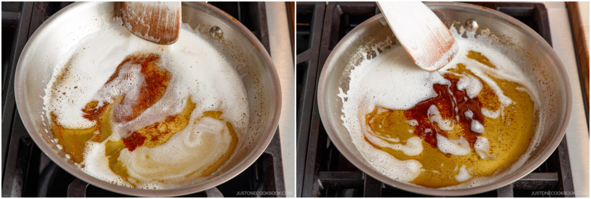 Side-by-side images of a metal pan on a stove with melted butter being stirred. In both images, brown specks are visible in the foamy, golden butter as it cooks. A wooden spatula is stirring the mixture.