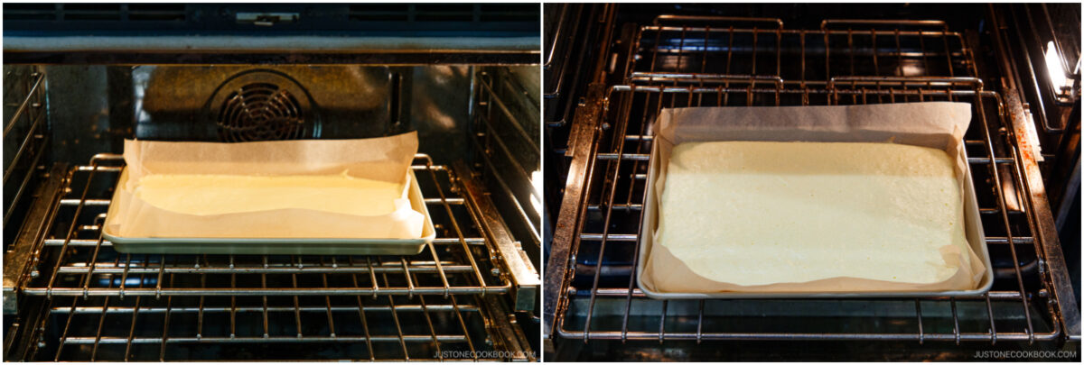 Side-by-side images show a baking sheet with parchment paper in the oven; left: with raw batter, right: with the baked, lightly golden cake.