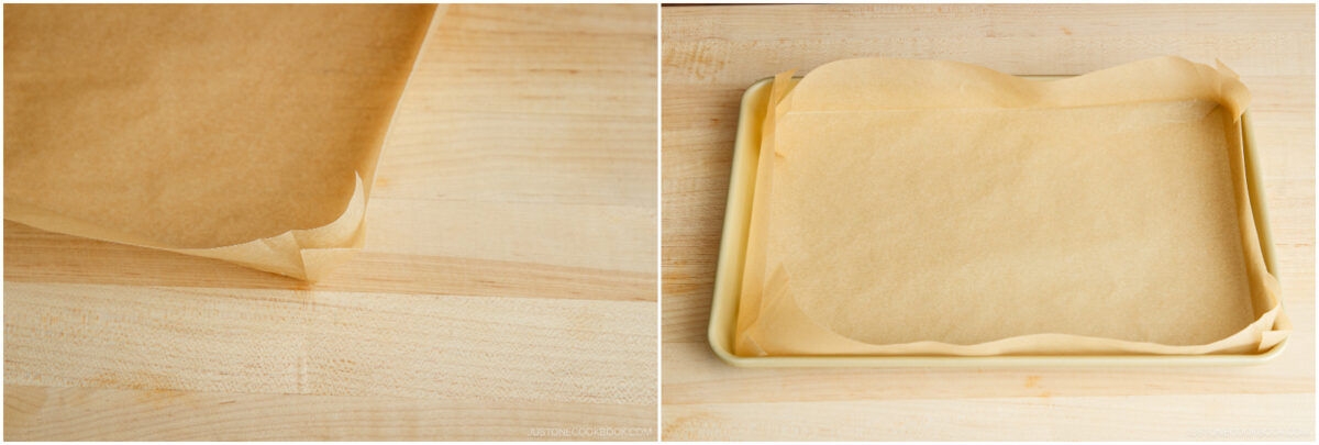 Two images: the left shows a corner of parchment paper folded on a wooden surface; the right shows parchment paper neatly lining a rectangular baking tray on the same wooden surface.