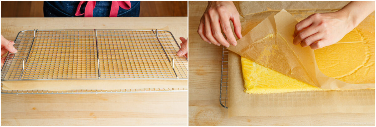 Two side-by-side photos: On the left, a person flips a cake on a wire rack; on the right, the same person peels parchment paper off a thin yellow cake on parchment paper.
