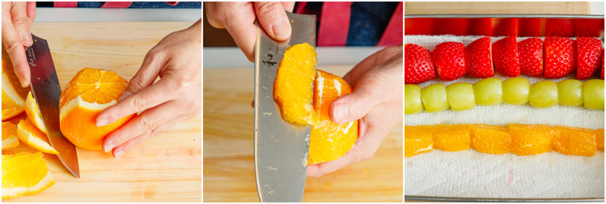 A three-panel image showing hands slicing an orange, cutting it into wedges, and rows of strawberries, green grapes, and orange slices lined up on a towel.