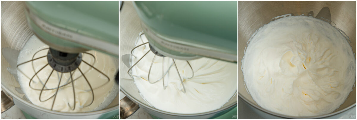 Three side-by-side photos show a stand mixer whipping cream from a liquid state to soft peaks, then to stiff peaks, with the whipped cream becoming thicker and fluffier in each stage.