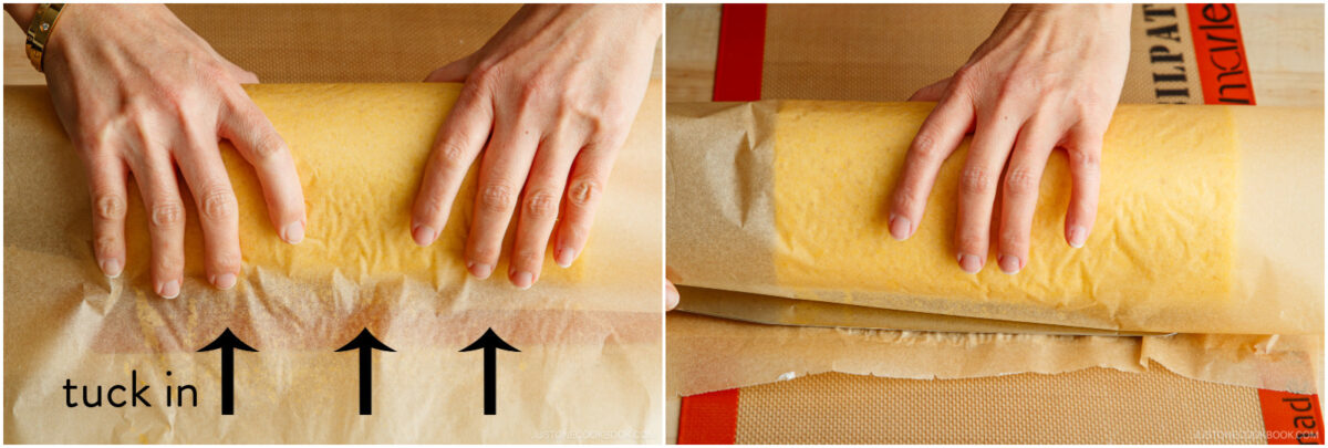 Two side-by-side images show hands rolling a sheet cake with parchment paper. The left image has arrows and text indicating to tuck in the edge, while the right image shows the rolling process continuing.