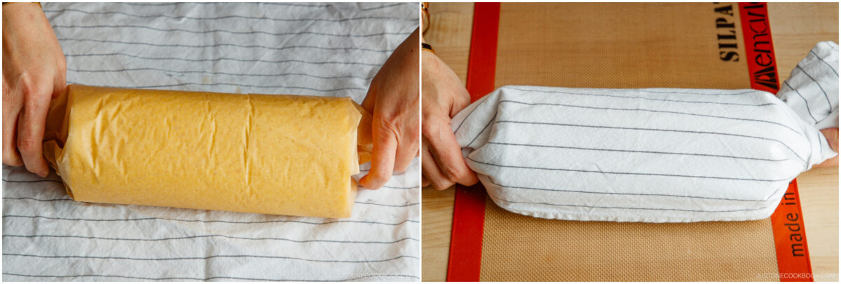 Two images side by side show hands rolling a yellow cake sponge in a striped kitchen towel on a red and tan baking mat, preparing it to cool and keep its shape.