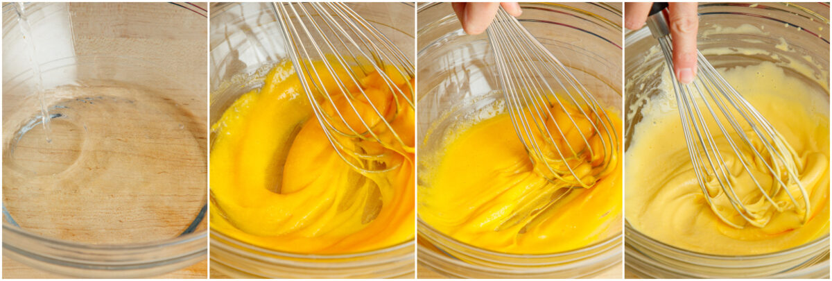 A four-step process of whisking eggs in a glass bowl: the first image shows an empty bowl; the next three show eggs being gradually whisked, becoming smooth and pale yellow.