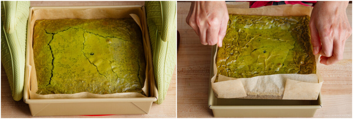 A square matcha green tea brownie in a parchment-lined baking pan; in the right image, hands lift the baked brownie out of the pan using the parchment paper.