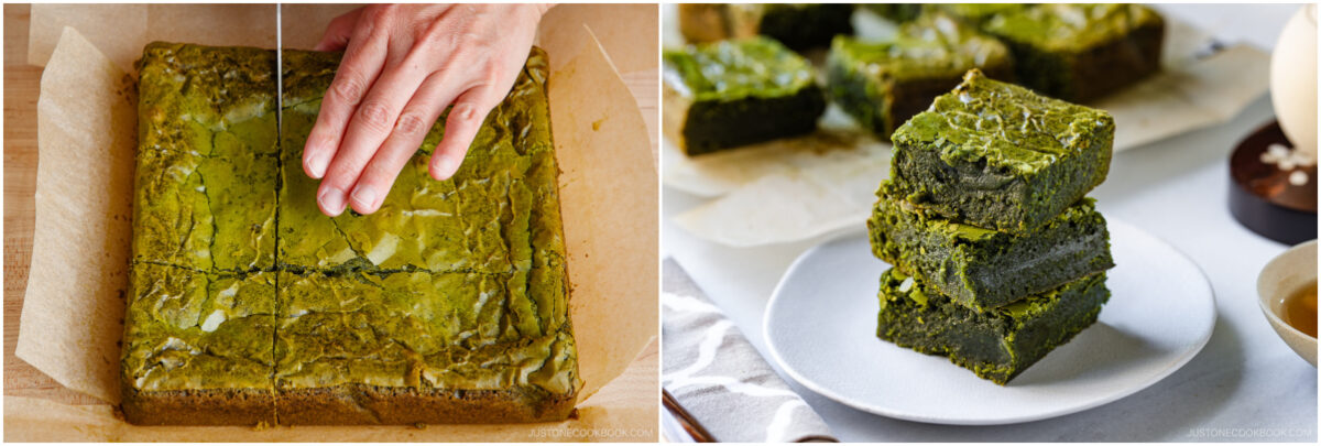 A hand cuts a tray of green matcha brownies on the left; on the right, three brownies are stacked on a plate, with more brownies and a cup of tea in the background.
