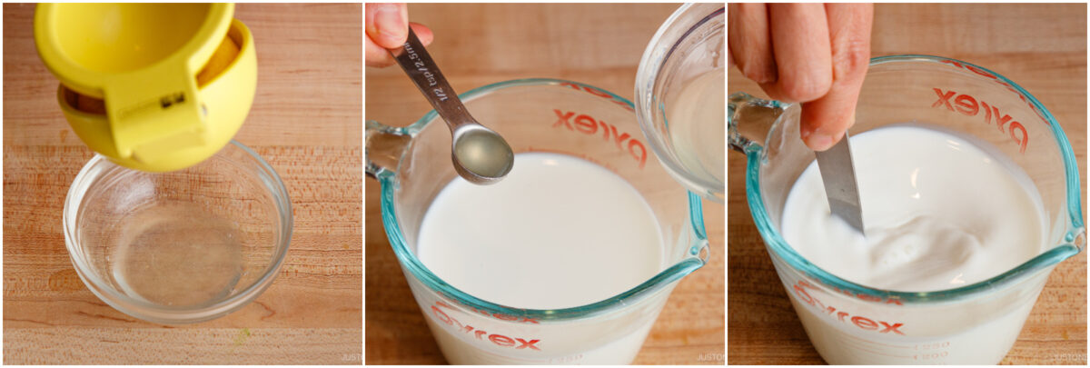 Three photos: squeezing lemon juice into a bowl, adding spoonful of lemon juice to a measuring cup of milk, and stirring the milk with a butter knife in a glass measuring cup.