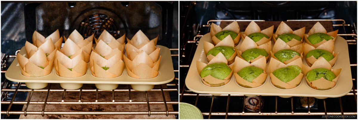 Side-by-side images of a muffin tray in an oven: on the left, empty brown cupcake liners; on the right, the liners are filled with baked green cupcakes.