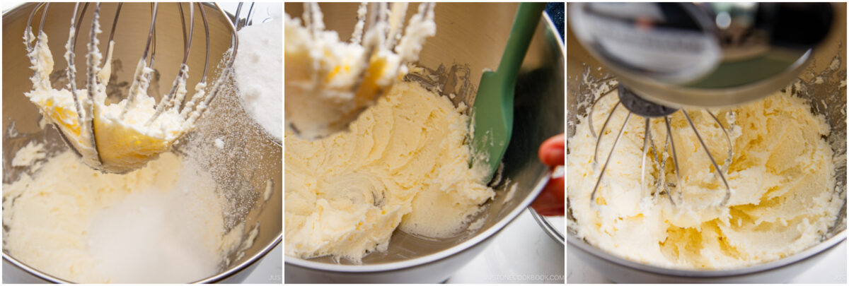 Three photos show stages of mixing butter and sugar in a stand mixer bowl. The mixture goes from coarse and grainy to a light, creamy texture as it is gradually blended with a whisk attachment.