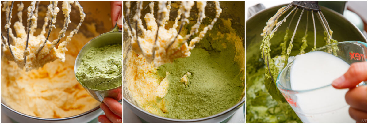 A step-by-step collage showing matcha powder being added to a mixing bowl with creamed butter and sugar, then mixed, followed by milk being poured into the green batter with a whisk.